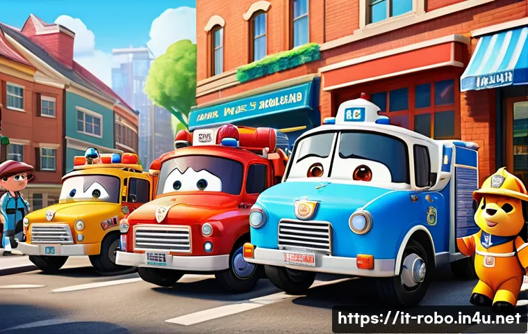 로보카폴리 팬아트 공모전 - A vibrant and detailed digital illustration of the main Robocar Poli characters in a dynamic rescue ...