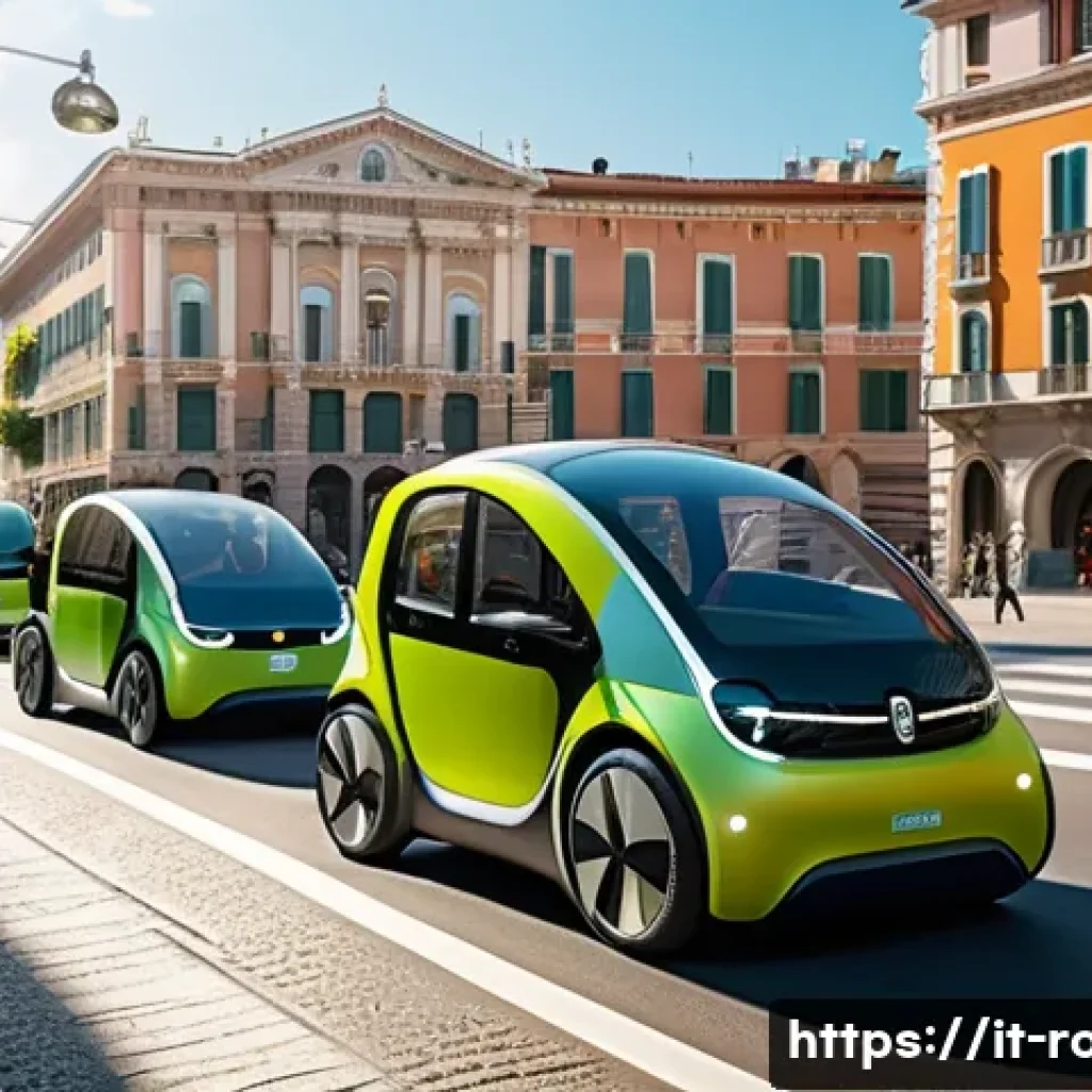 로보카폴리와 자율주행 기술 - A futuristic urban street scene in an Italian city featuring sleek autonomous electric vehicles navi...