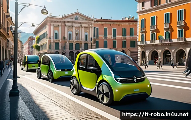 로보카폴리와 자율주행 기술 - A futuristic urban street scene in an Italian city featuring sleek autonomous electric vehicles navi...