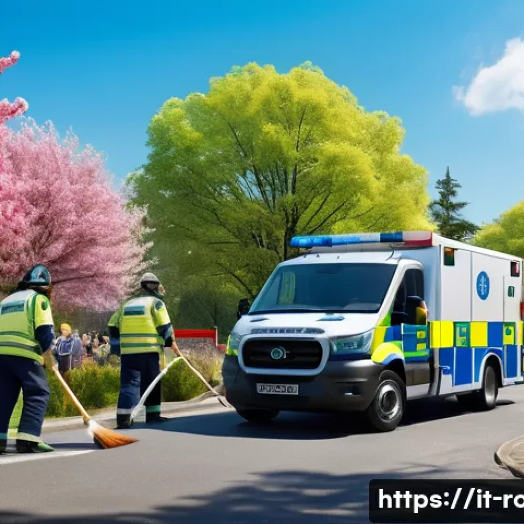 로보카폴리 브룸스타운 문화 - A vibrant scene in the fictional town of Broomstown showing the police officer, firefighter, and amb...