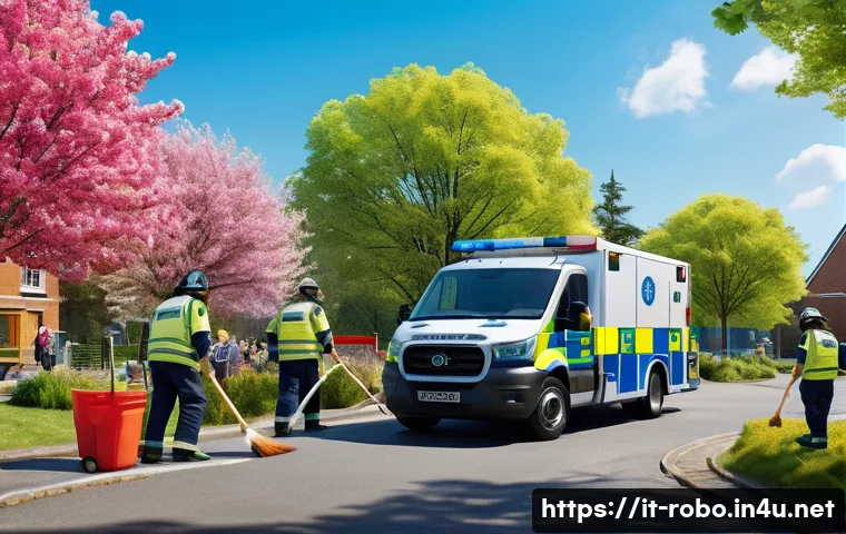 로보카폴리 브룸스타운 문화 - A vibrant scene in the fictional town of Broomstown showing the police officer, firefighter, and amb...