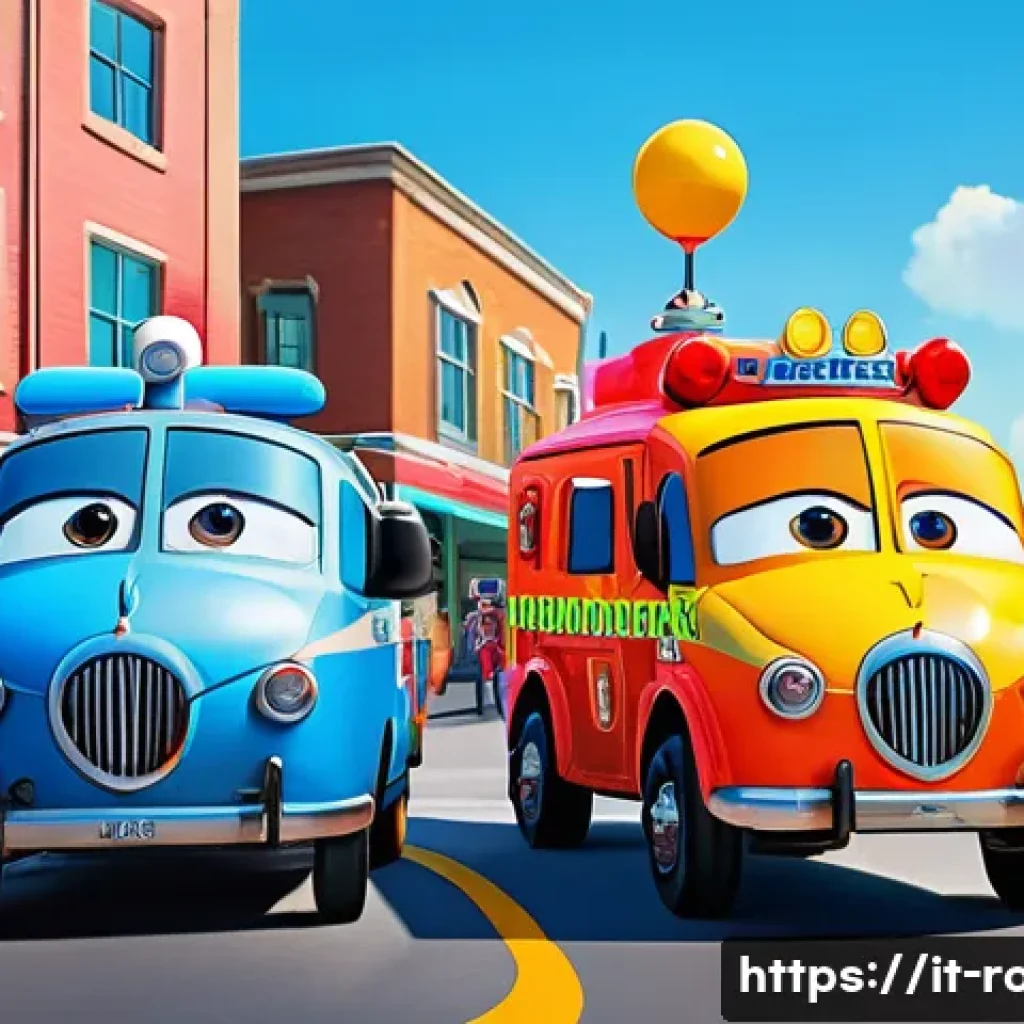 로보카폴리의 세계관 - A vibrant, colorful scene featuring four friendly, anthropomorphic rescue vehicles with expressive f...