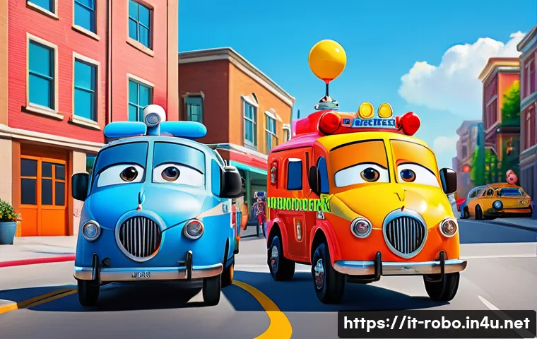로보카폴리의 세계관 - A vibrant, colorful scene featuring four friendly, anthropomorphic rescue vehicles with expressive f...
