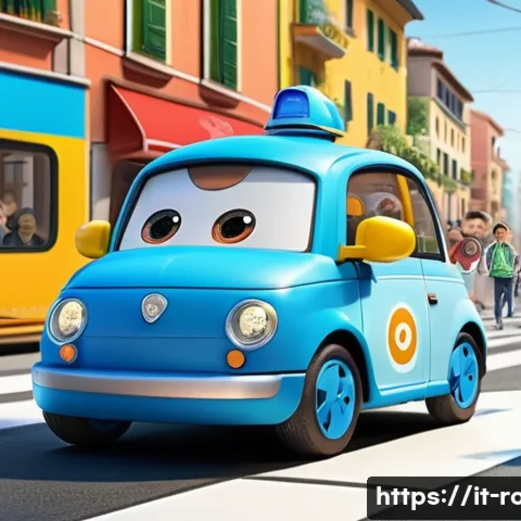 로보카폴리의 발전 과정 - A vibrant and colorful digital illustration of Robocar Poli characters in a lively Italian urban set...