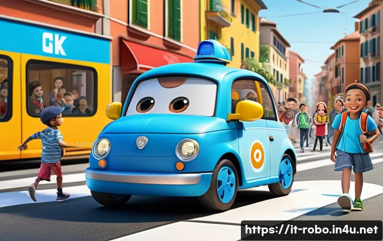 로보카폴리의 발전 과정 - A vibrant and colorful digital illustration of Robocar Poli characters in a lively Italian urban set...