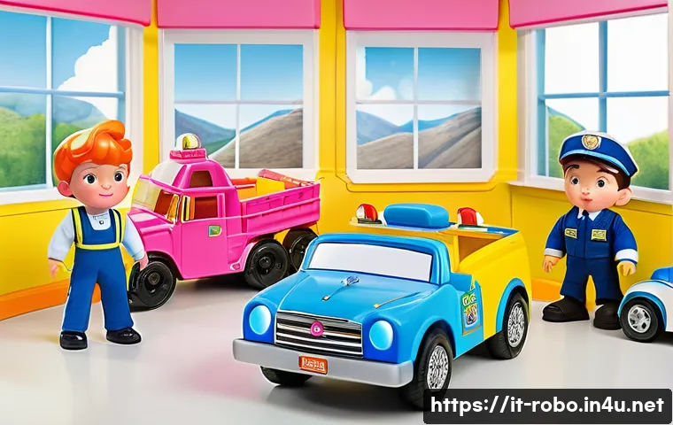 로보카폴리 제작 과정 - A colorful and friendly preschool classroom scene featuring a group of young children playing with t...