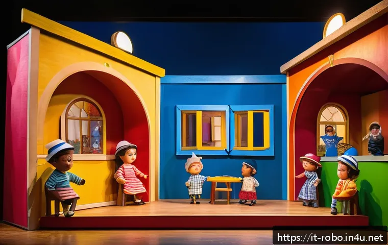 로보카폴리 어린이 인형극 - A colorful and lively puppet theater stage set in an Italian children&rsquo;s theater, featuring handcraft...
