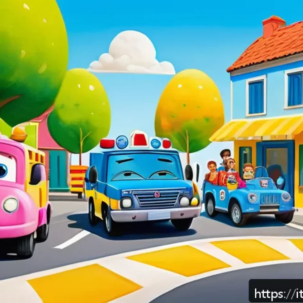 로보카폴리 상품화의 성공 이유 - A vibrant and colorful scene featuring friendly anthropomorphic rescue vehicles from a children&rsquo;s an...