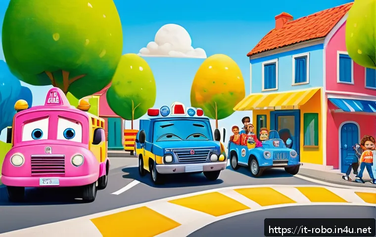 로보카폴리 상품화의 성공 이유 - A vibrant and colorful scene featuring friendly anthropomorphic rescue vehicles from a children&rsquo;s an...