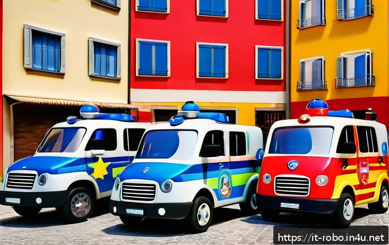 로보카폴리 친구들 관계도 - A vibrant scene depicting a diverse team of rescue vehicles inspired by Robocar Poli, each with dist...