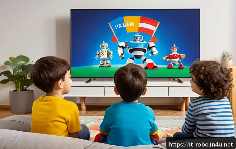 로보카폴리 어린이 반응 - A group of young Italian children sitting comfortably in a cozy living room, watching Robocar Poli o...