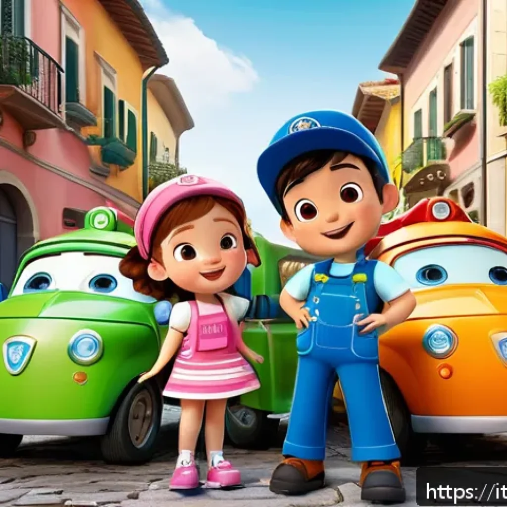 로보카폴리 글로벌 인기 요소 - A vibrant and colorful 3D scene featuring the main Robocar Poli characters&mdash;Poli, Amber, Roy, and Hel...