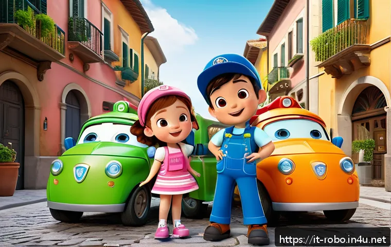 로보카폴리 글로벌 인기 요소 - A vibrant and colorful 3D scene featuring the main Robocar Poli characters&mdash;Poli, Amber, Roy, and Hel...