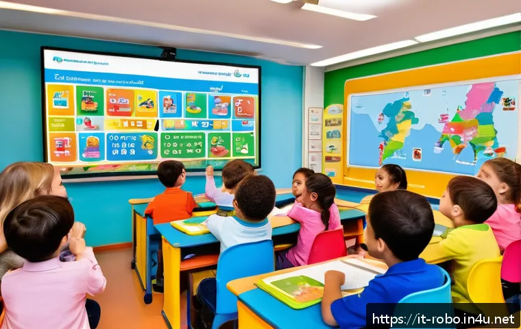 로보카폴리의 학습 콘텐츠 가치 - A vibrant and colorful classroom scene in Italy where young children, wearing neat casual clothes an...