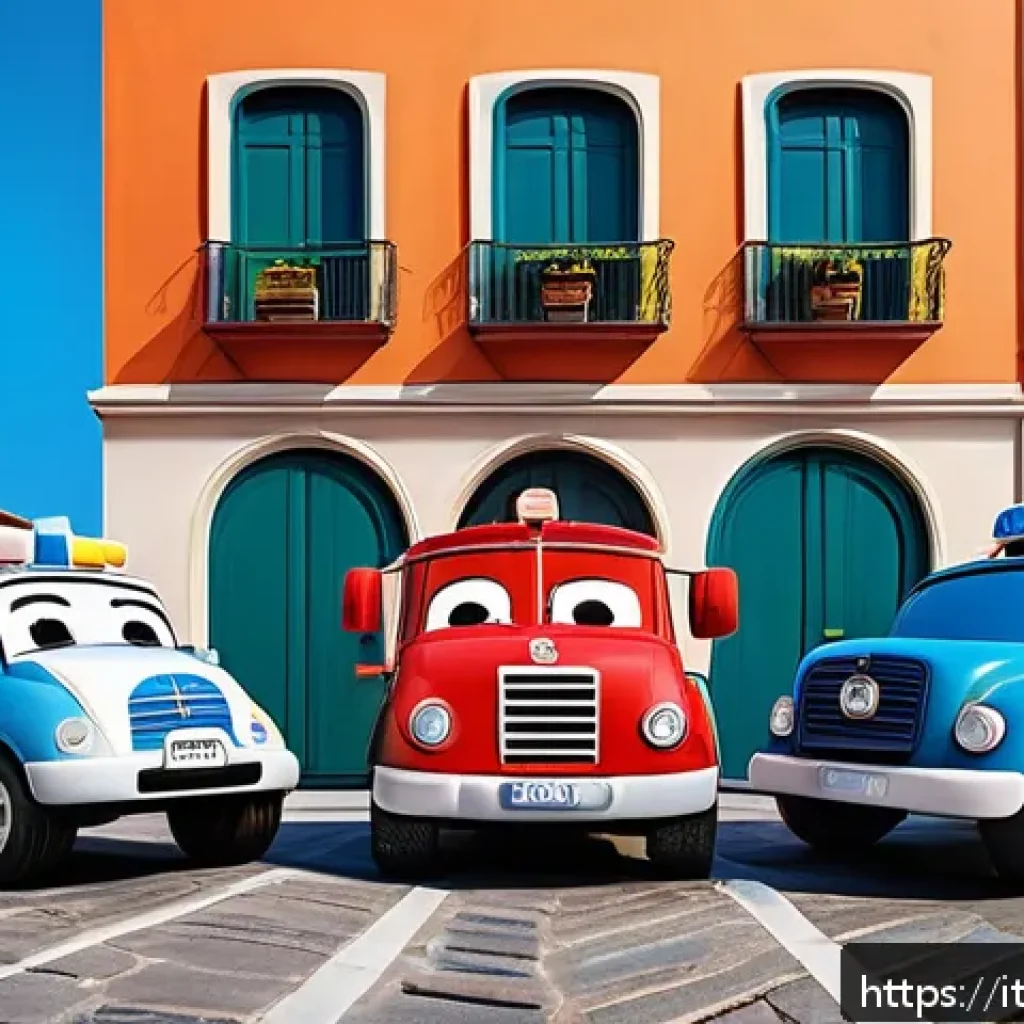 로보카폴리 애니메이션 리뷰 - A vibrant and colorful scene featuring Robocar Poli and friends&mdash;Poli the police car, Roy the fire tr...