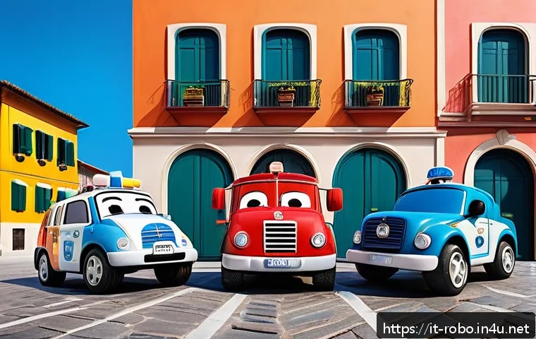 로보카폴리 애니메이션 리뷰 - A vibrant and colorful scene featuring Robocar Poli and friends—Poli the police car, Roy the fire tr...