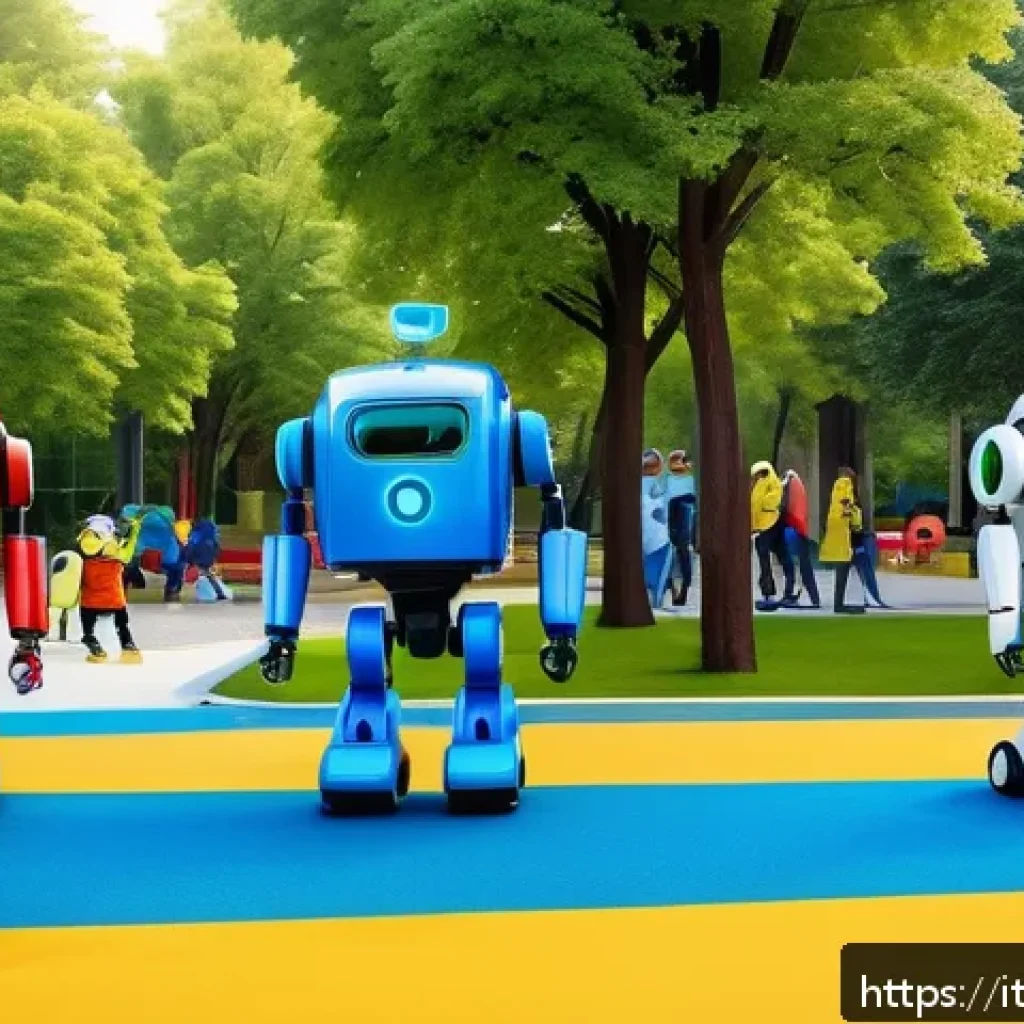 로보카폴리 연출 기법 - A vibrant, colorful scene featuring cartoon-style rescue robots in a lively urban park setting, with...