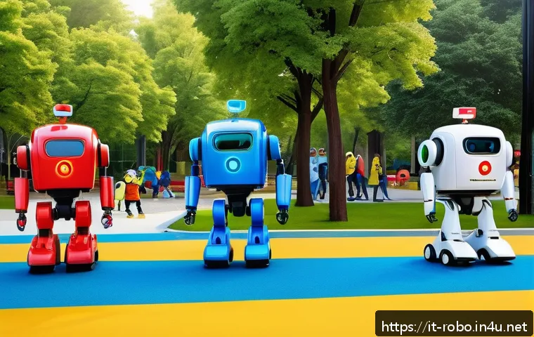 로보카폴리 연출 기법 - A vibrant, colorful scene featuring cartoon-style rescue robots in a lively urban park setting, with...