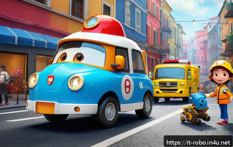 로보카폴리 시즌3 요약 - A vibrant and dynamic scene showing the Robocar Poli rescue team in action during a dramatic city re...
