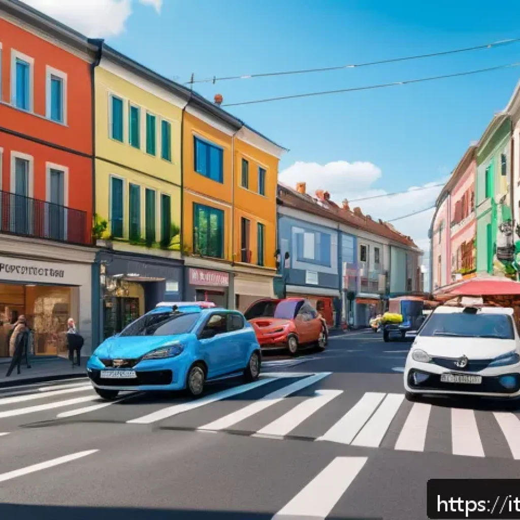 로보카폴리 브룸스타운 구조도 - A vibrant city center scene of Broomstown bustling with colorful shops, compact residential building...