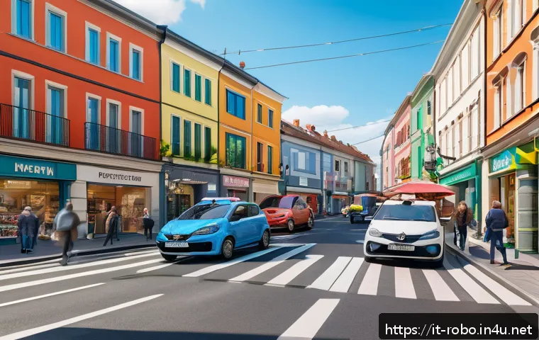 로보카폴리 브룸스타운 구조도 - A vibrant city center scene of Broomstown bustling with colorful shops, compact residential building...