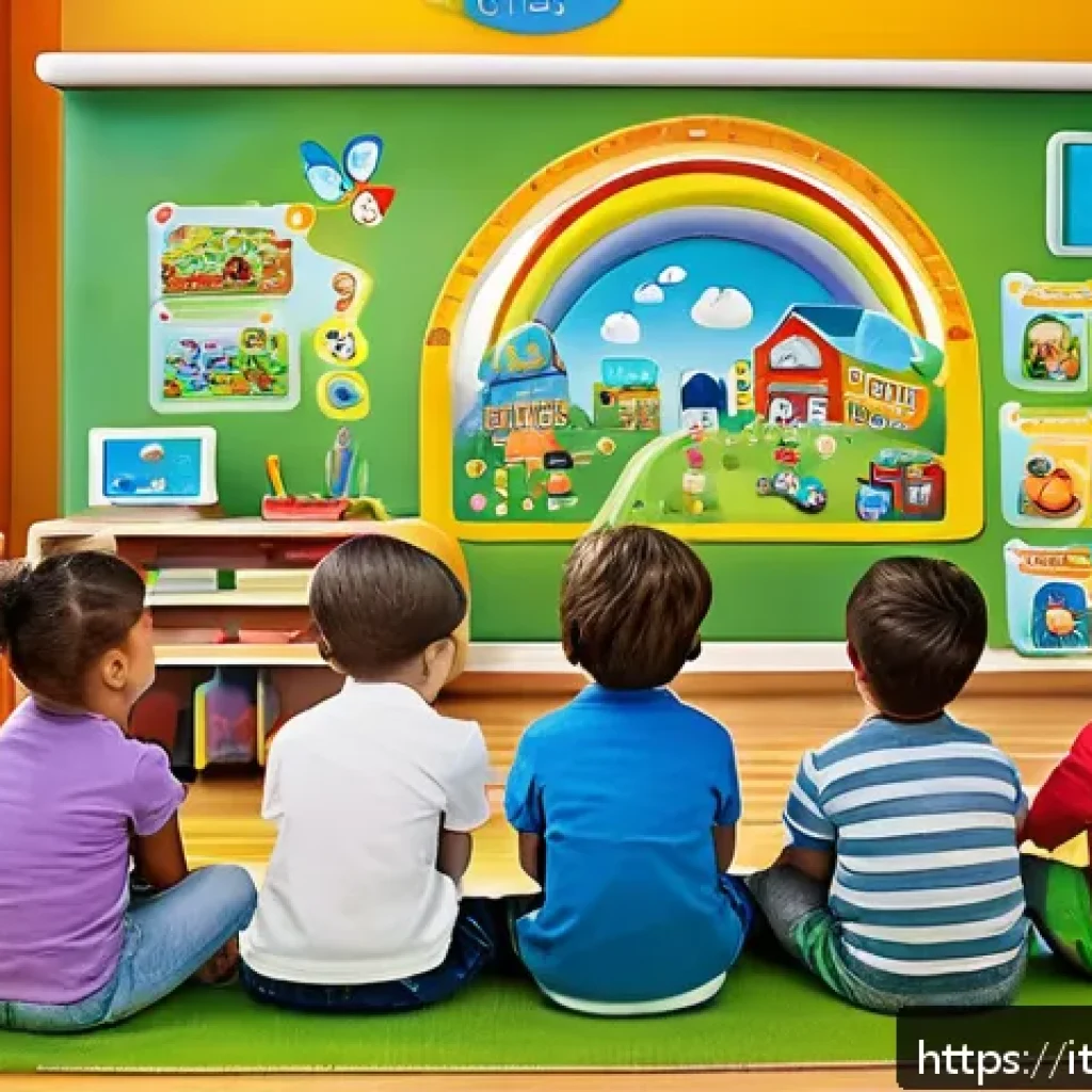 로보카폴리와 스마트 콘텐츠 - A vibrant and colorful digital classroom scene featuring diverse preschool children wearing casual c...