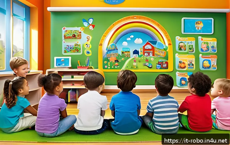 로보카폴리와 스마트 콘텐츠 - A vibrant and colorful digital classroom scene featuring diverse preschool children wearing casual c...