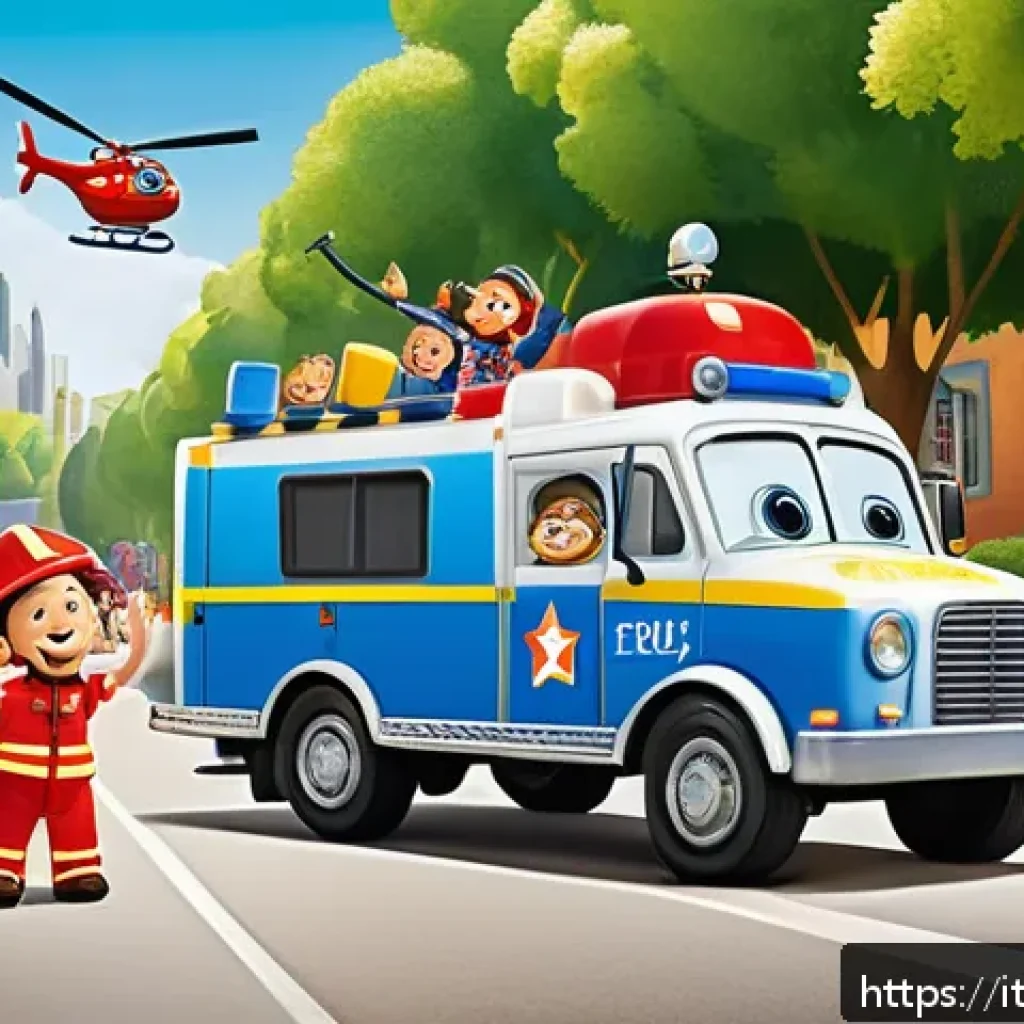 로보카폴리 캐릭터 테마송 - A vibrant, colorful scene of friendly anthropomorphic rescue vehicles from an educational cartoon, i...