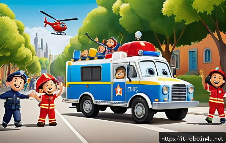로보카폴리 캐릭터 테마송 - A vibrant, colorful scene of friendly anthropomorphic rescue vehicles from an educational cartoon, i...