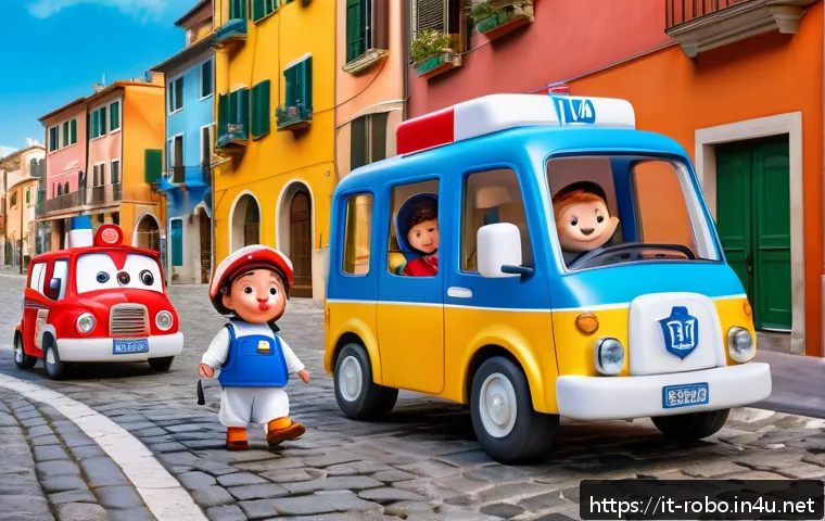 로보카폴리와 어린이의 창의성 - A vibrant and detailed scene of the Robocar Poli team—Poli the police car, Roy the fire truck, Amber...