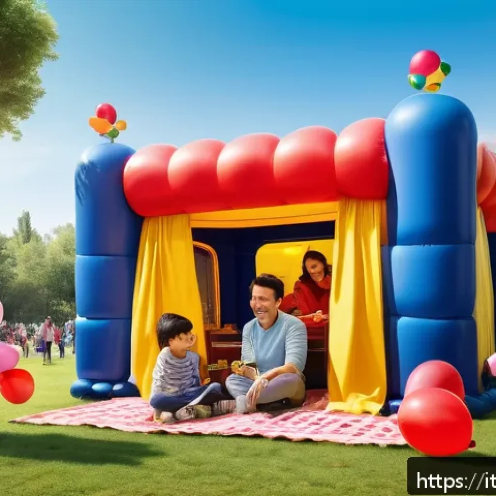 로보카폴리 팬 이벤트 리뷰 - A lively outdoor family festival scene featuring children aged 2 to 10 joyfully interacting with lif...