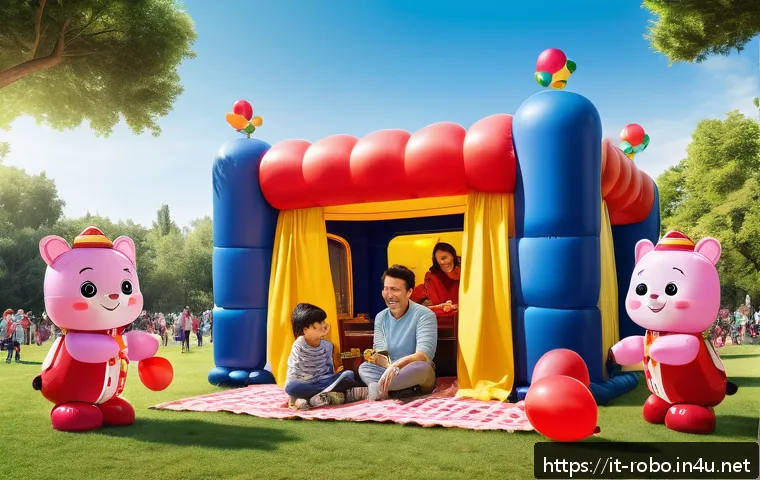 로보카폴리 팬 이벤트 리뷰 - A lively outdoor family festival scene featuring children aged 2 to 10 joyfully interacting with lif...