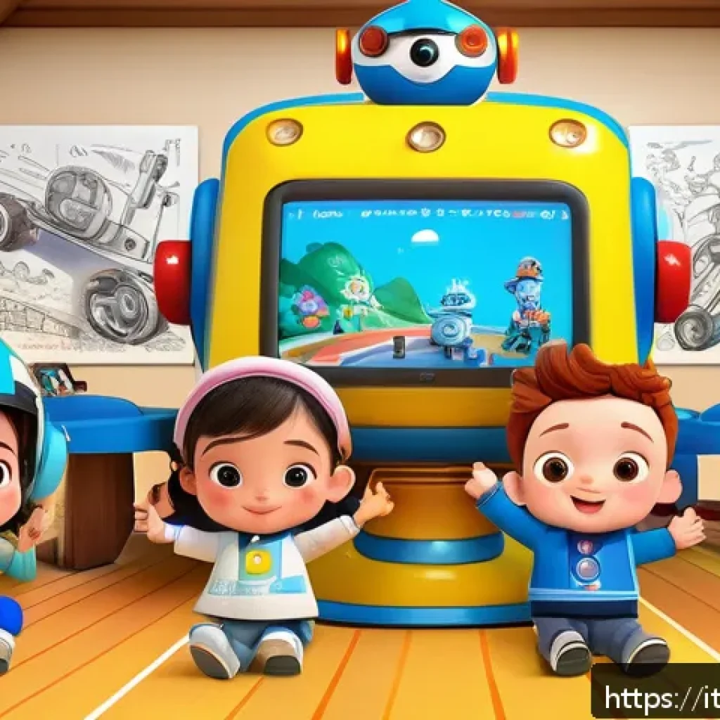 로보카폴리의 팬아트 경연 - A vibrant digital illustration of young artists participating in a Robocar Poli fan art contest, sho...