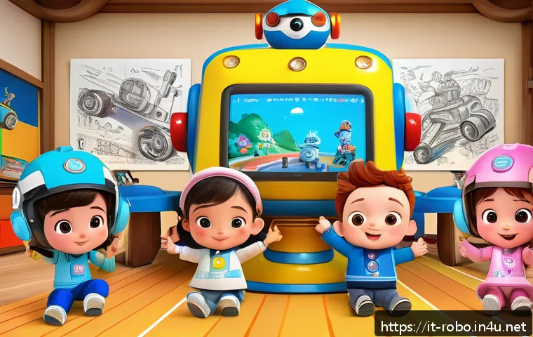 로보카폴리의 팬아트 경연 - A vibrant digital illustration of young artists participating in a Robocar Poli fan art contest, sho...