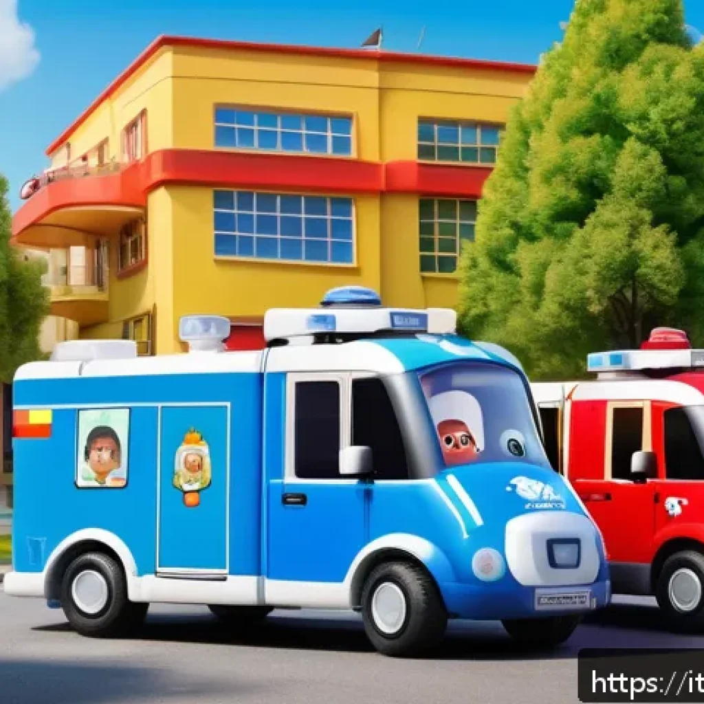 로보카폴리 캐릭터의 성격 변천사 - A vibrant scene featuring a team of colorful, friendly rescue vehicles resembling Robocar Poli chara...