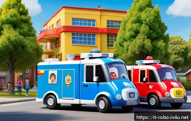 로보카폴리 캐릭터의 성격 변천사 - A vibrant scene featuring a team of colorful, friendly rescue vehicles resembling Robocar Poli chara...