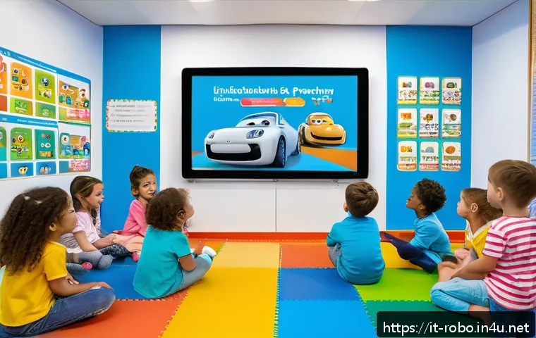 로보카폴리와 STEM 교육 - A vibrant classroom scene in an Italian preschool featuring diverse young children wearing colorful ...