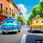 Home 22 로보카폴리와 어린이의 상상력 - A colorful and vibrant scene showing the Robocar Poli team—Poli, Roy, Amber, and Helly—working toget...