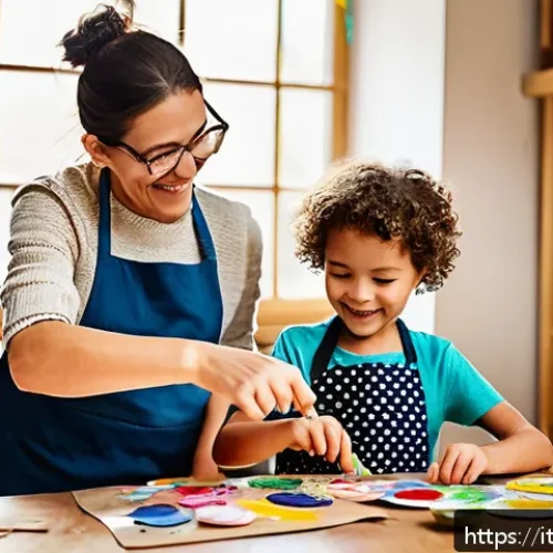 Home 32 로보카폴리와 어린이 창의력 - A lively scene of a family art workshop at home, featuring children aged around 5 to 8 wearing color...