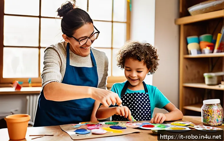 로보카폴리와 어린이 창의력 - A lively scene of a family art workshop at home, featuring children aged around 5 to 8 wearing color...