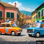 Home 19 로보카폴리 인기 요인 - A colorful and dynamic scene featuring four friendly transforming vehicle-heroes in an Italian town ...