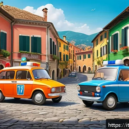 Home 31 로보카폴리 인기 요인 - A colorful and dynamic scene featuring four friendly transforming vehicle-heroes in an Italian town ...