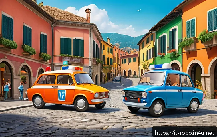 로보카폴리 인기 요인 - A colorful and dynamic scene featuring four friendly transforming vehicle-heroes in an Italian town ...