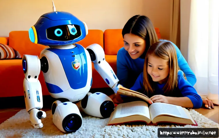 Home 15 로보카폴리와 어린이 독서 프로그램 - Photorealistic Italian family reading corner, a cheerful blue-and-white rescue robot car toy with ex...