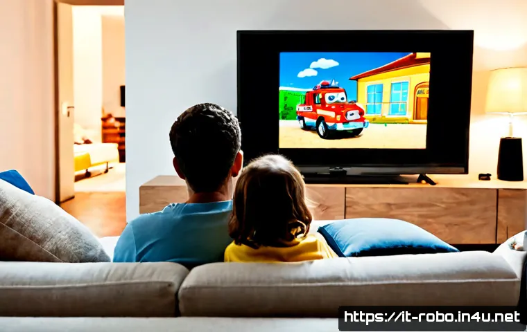 로보카폴리 스트리밍 플랫폼 - Photorealistic Italian family living room in the evening, a parent and two children watching a color...